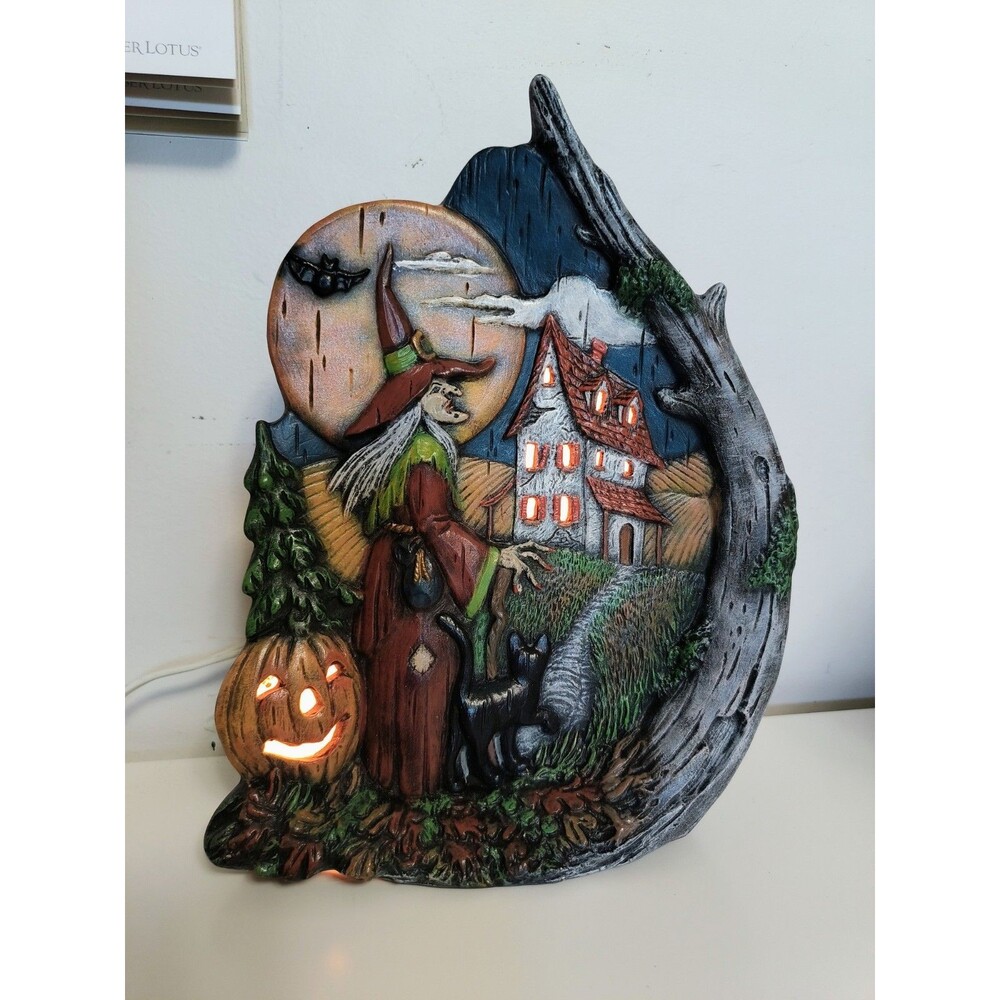 Halloween whimsical Accent Lamp w/Witch Pumpkin House Black Cat full moon bat